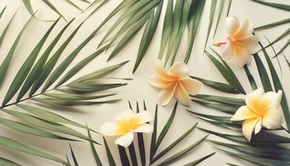 Wall Mural - summer background with tropical frangipani flowers and green tropical palm leaves on light background flat lay top view summer party backdrop