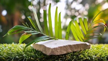 Wall Mural - stone podium tabletop floor on grass outdoors blur green leaf tropical forest plant nature background beauty cosmetic natural product placement pedestal display jungle summer concept
