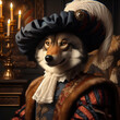 Realistic lifelike wolf in renaissance regal medieval noble royal outfits, commercial, editorial advertisement, surreal surrealism. 18th-century historical
