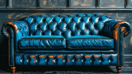 Wall Mural -   A blue leather couch faces a wall with clocks on its side and backrest