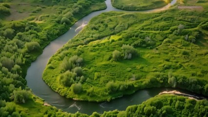 Canvas Print - A stunning photo showcasing a peaceful river gracefully running through a vibrant green field, A meandering river cutting through an abstract landscape