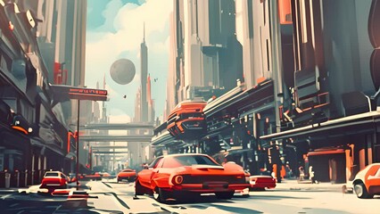 Canvas Print - Retrofuturistic landscape in mid-century sci-fi style. Retro science fiction scene with futuristic city buildings