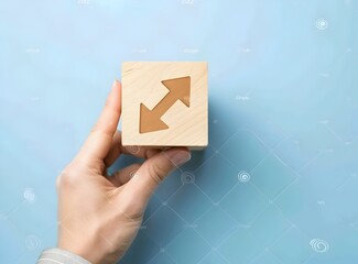Hand of business man or woman holding wooden block with arrow up icon on blue background, growth concept and success technology elements for social media post design template