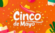 Cinco de mayo lettering design with sombrero on orange background. Festive banner of national holidays of Mexico. Happy mexican fiesta logo. Colorful text illustration for cover, ads, label, poster