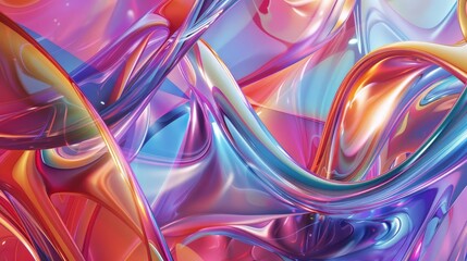 Wall Mural - iridescent colorful metallic glass shapes twisting in 3d graphic composition digital illustration
