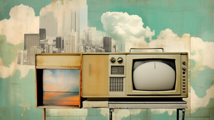 Abstract vintage photo montage featuring 1960s old tvs with surreal backgrounds of clouds and cityscapes, evoking nostalgia with a paper cutout effect on retro screen televisions