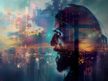 Double Exposure Image Of Jesus Christ, Christian Cross And Night City