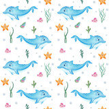Fototapeta Pokój dzieciecy - Watercolor seamless pattern with cute dolphin, starfish, fish, algae, seashells, bubbles.