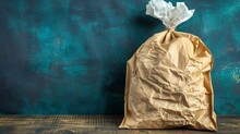   A Brown Bag Topped With Tissue Paper Rests On A Weathered Wooden Floor Nearby, A Blue Wall Provides A Striking Backdrop