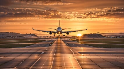 Wall Mural - Airplane taking off from the runway of an airport at sunset.