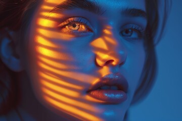 Canvas Print -  portrait of a girl whose eye is caught by a beam of warm light, the photo was taken in a studio painted in blue light