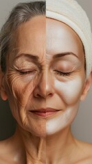 Wall Mural - A comparison shows improvement in the skin of an older and younger Caucasian woman with her eyes closed. In the photo on the left there are strong wrinkles on the face, on the right there are no 