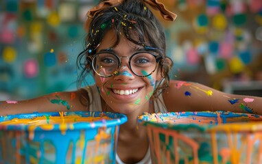 Sticker - A young artist with glasses paints in her studio. face, glasses and clothes are painted, expression is cheerful.