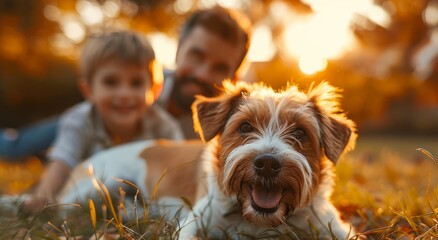 Poster - Close up of a happy family with their dog, a father and son playing together in the park at sunset. Cute Jack Russell Terrier lying on a grassy field