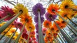   Colorful flowers dangle from a building's ceiling, framing a tall structure with numerous windows