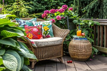 Canvas Print - A cozy outdoor setting with a wicker cozy chair with bright and cheerful cushions set on a wooden deck surrounded by a lush garden. on a small table there is a refreshing summer drink and a stack of b