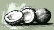   A black-and-white illustration of three coconuts against a lush green background, duplicated