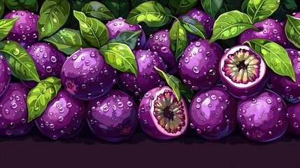    A painting depicts purple fruits adorned with green leaves and droplets on the upper and lower edges