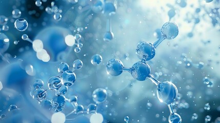 Wall Mural - microscopic view of blue dna molecules and atom structures floating in liquid serum medical science 