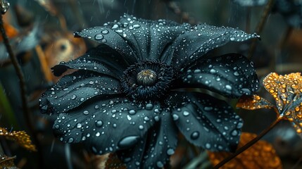 Wall Mural -   A black flower with water droplets and a green plant in front