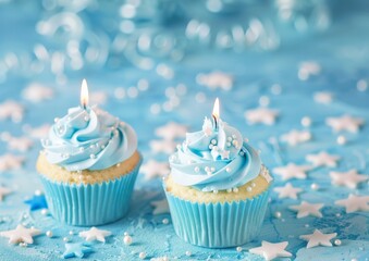 Poster - Light blue birthday background, cupcakes, Candle, stars in the background, simple 