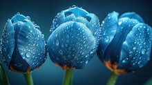   A Close-up Of Three Blue Flowers With Water Droplets On Their Petals And A Green Stem In The Foreground