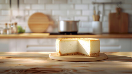 Canvas Print -  cheese cake on a wooden table in front of a blurred kitchen background.