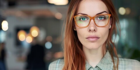 Wall Mural -  A business woman with glasses, staring into the camera, bokeh background 