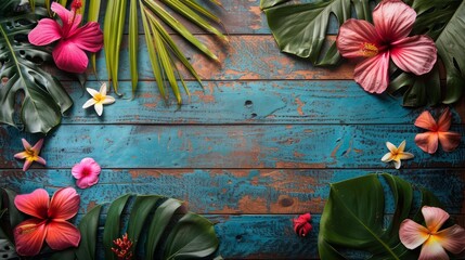 Fototapete - A blue background with a variety of flowers including pink and purple hibiscus. The flowers are scattered around the background, creating a colorful and lively scene
