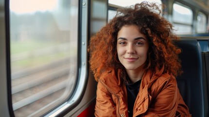 Wall Mural - woman with curly hair sits in an express train near the window