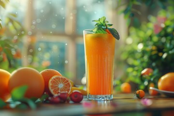 A colorful glass of fresh juice surrounded by assorted fruits on a wooden table, with soft natural lighting in the background.