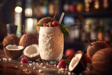 Wall Mural - A refreshing coconut drink with a straw surrounded by scattered fruits and coconuts on a bar top.