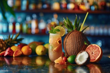 Wall Mural - Refreshing coconut cocktail with fruits on bar counter