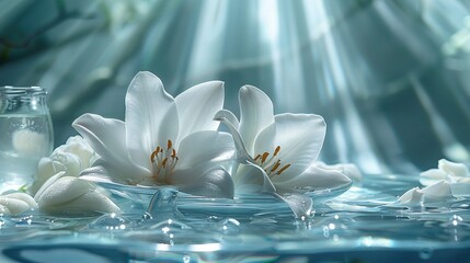   White flowers float in blue water; fishbowl nearby