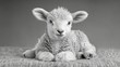   Monochrome image of a woeful sheep perched on a blanket, gazing directly into the lens