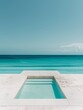  Minimalism, vacation, ambiance, large areas of white marble floor near by, sandy beach, turquoise sea in the distance, advanced turquoise tones