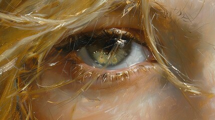 Wall Mural -   Close-up portrait of a female with long golden hair cascading down her face, framing a bee perched on the eyelid