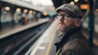 A man between 40 and 50 years old, with fair skin and a beard, stands at a station waiting for a train, his tweed flat cap and modern glasses give him the appearance of a scientist