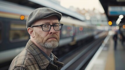 Wall Mural - A man between 40 and 50 years old, with fair skin and a beard, stands at a station waiting for a train, his tweed flat cap and modern glasses give him the appearance of a scientist