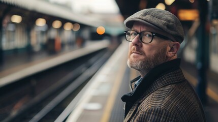 Sticker - A man between 40 and 50 years old, with fair skin and a beard, stands at a station waiting for a train, his tweed flat cap and modern glasses give him the appearance of a scientist