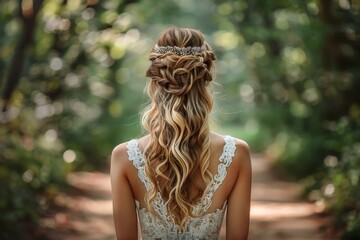 Wall Mural -  A beautiful bride with long, wavy hair styled in an elegant half-up, standing on the path of a green forest, wearing a white lace wedding dress 