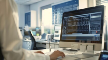 Wall Mural - Woman working on computer in modern office, closeup. Data analysis concept