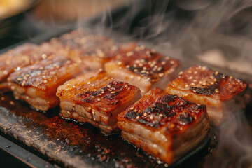 Wall Mural - Grilled pork belly with sesame seeds on black plate, closeup