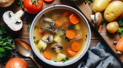 Poster - soup, with, potatoes, onion, carrot, tomato, mushrooms on clean modern kitchen table