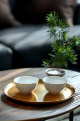 Poster -  Close up of white circular two Tea cups, Sitting on a golden tray in a modern indoor setting.  The background has a black sofa, luxury style. 