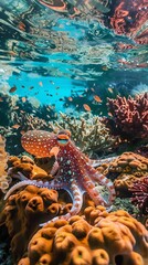 Wall Mural - Underwater shot of the vibrant, coral-rich Southeast Asian seas, slowly zooming in to reveal the Mimic Octopus in its natural habitat. 