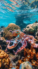 Wall Mural - Underwater shot of the vibrant, coral-rich Southeast Asian seas, slowly zooming in to reveal the Mimic Octopus in its natural habitat. 