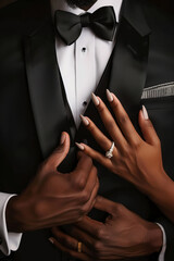 Canvas Print - black couple, man standing in a tuxedo with his hand crossed in front of him. Woman's hands on his chest, she has long nails and wearing jewelry