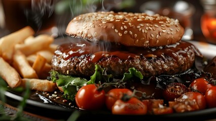 Wall Mural - Sizzling hamburger served on a flaming plate. Concept Food Photography, Grilled Burger, Flaming Presentation, Delicious Dish
