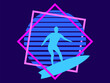 Silhouette of a surfer on a surfboard against the background of a retro futuristic blue sun in a square frame. Synthwave and retrowave style. Design for banners and posters. Vector illustration